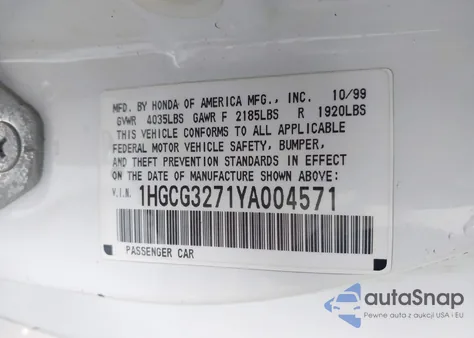2000 Honda Accord 2.3 Ex z USA, uszkodzony, nr VIN 1HGCG3271YA004571